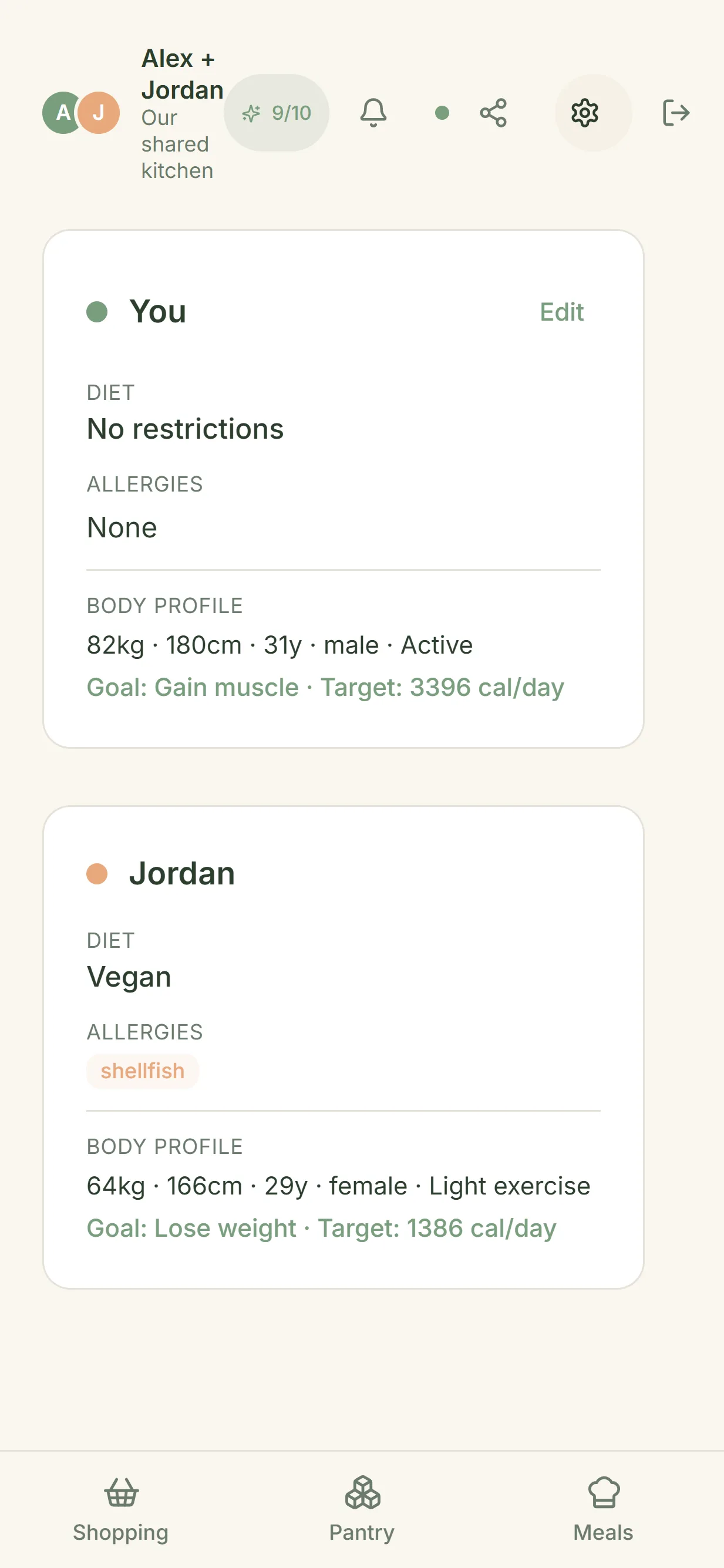 CookTwo — Dual Profiles — TDEE per partner, goals, pricing